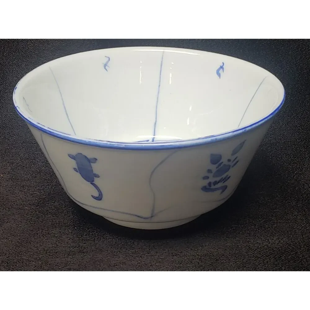 Vintage Rare Mid Century Chinese Blue White Floral Porcelain Rice Noodle Bowl